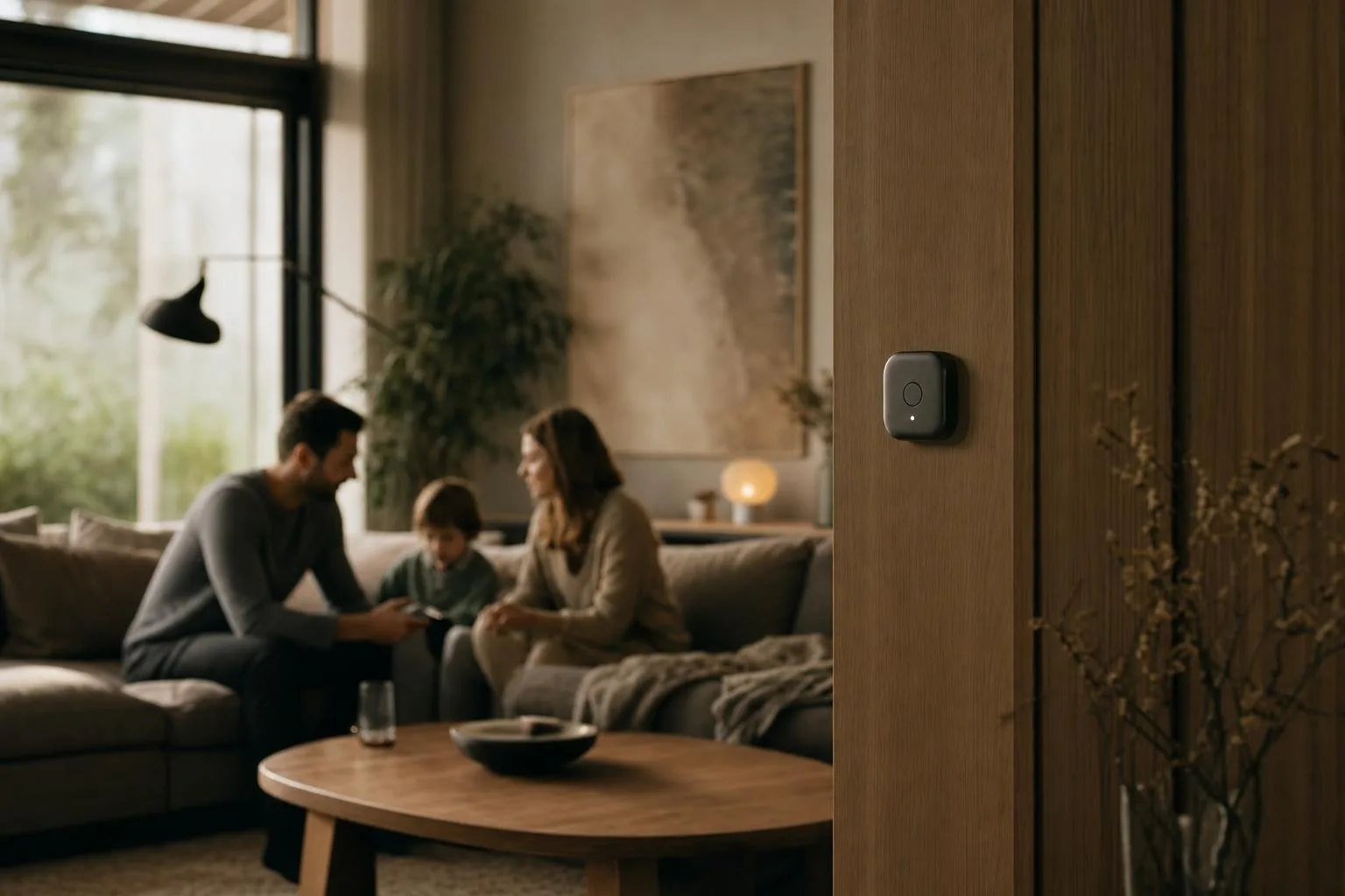 A living room with smart lighting and a wall-mounted hub